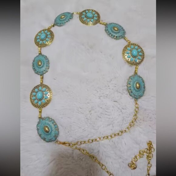 Vintage Bohemian Turquoise Stone Medallion Link Belt – Adjustable - Picture 6 of 7